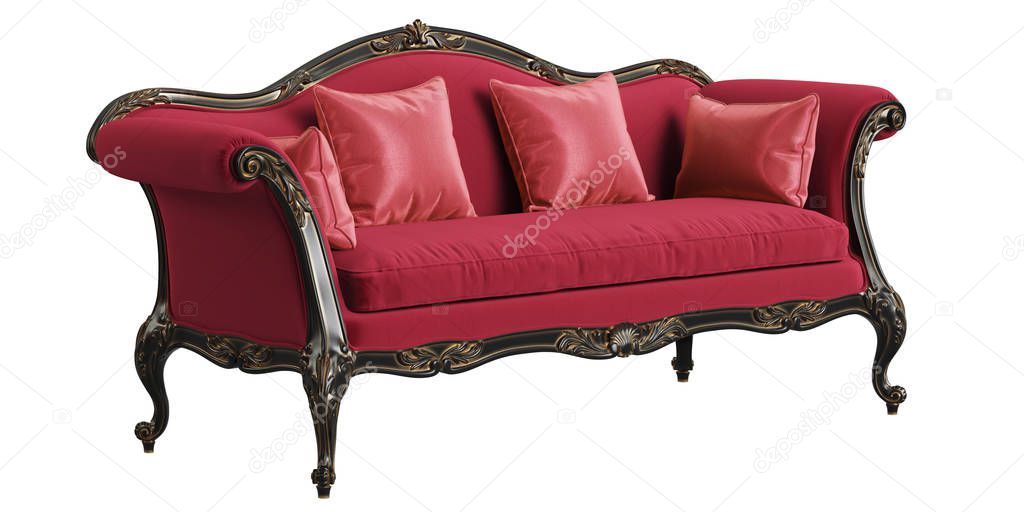 Classic sofa in red,black and gold colors isolated on white background.Digital illustration.3d rendering