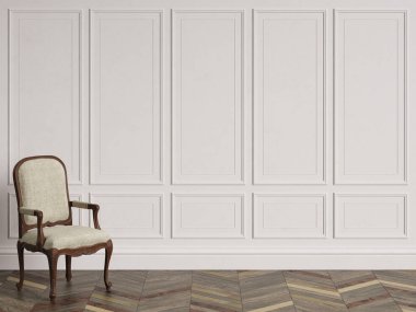 Klasik koltuk kopya alanı ile klasik iç. Duvarlar kalıplar ile. Zemin parke balıksırtı. Dijital Illustration.3d işleme