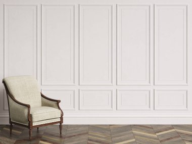 Klasik koltuk kopya alanı ile klasik iç. Duvarlar kalıplar ile. Zemin parke balıksırtı. Dijital Illustration.3d işleme