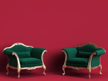 Klasik sandalye zümrüt yeşili ve kopya alanı kırmızı zemin üzerine altın. Dijital Illustration.3d işleme