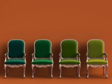 Klasik sandalye kopya alanı turuncu zemin üzerine farklı yeşil renklerde. Dijital Illustration.3d işleme