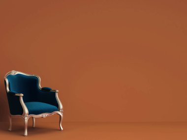 Mavi ve altın rorange arka plan kopya alanı ile klasik sandalye. Dijital Illustration.3d işleme