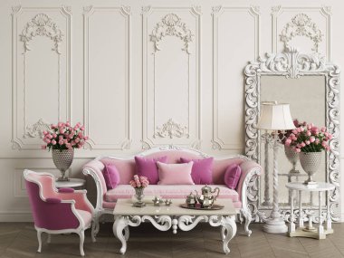 Klasik mobilya klasik iç kopya alanı ile. Kanepe, sandalye, zemin lamba, dekor, oymalı ayna ile tablo. Duvarları yaldızlı kalıplar ile. Dijital Illustration.3d işleme