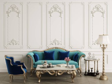 Klasik mobilya klasik iç kopya alanı ile. Kanepe, sandalye, zemin lamba, dekor, oymalı ayna ile tablo. Duvarları yaldızlı kalıplar ile. Dijital Illustration.3d işleme