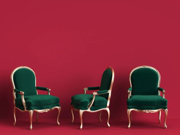 Chaises Classiques Vert Émeraude Sur Fond Rouge Avec Espace Copie — Photo