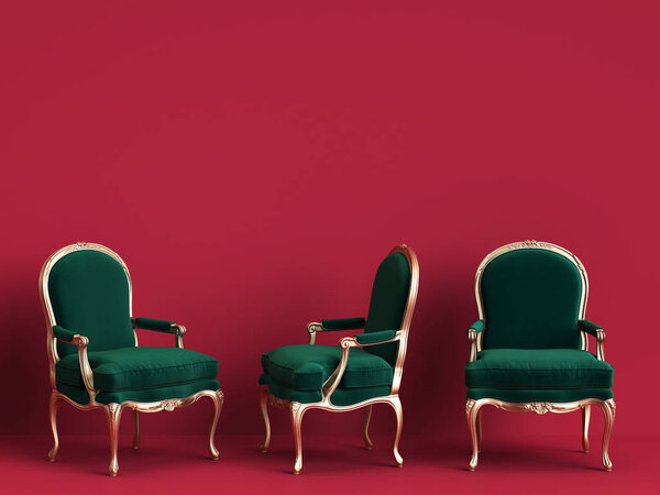 Classic chairs in emerald green and gold on red background with copy space.Digital Illustration.3d rendering
