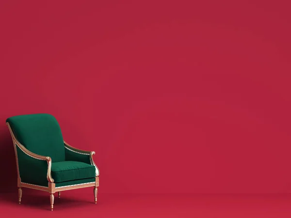 Sedia Classica Verde Smeraldo Oro Sfondo Rosso Con Spazio Copiato — Foto Stock