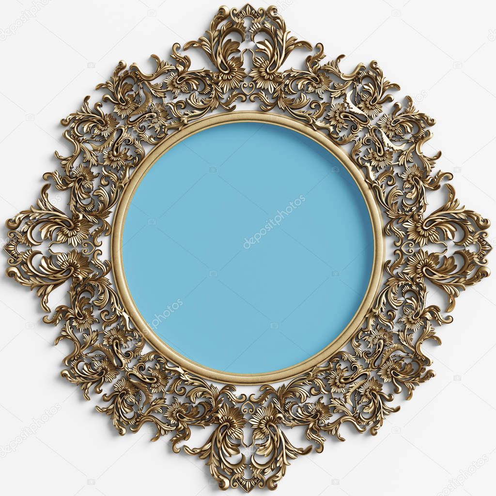 Classic golden round frame with ornament decor and blue circle in center on the white wall.3d render.Digital illustration