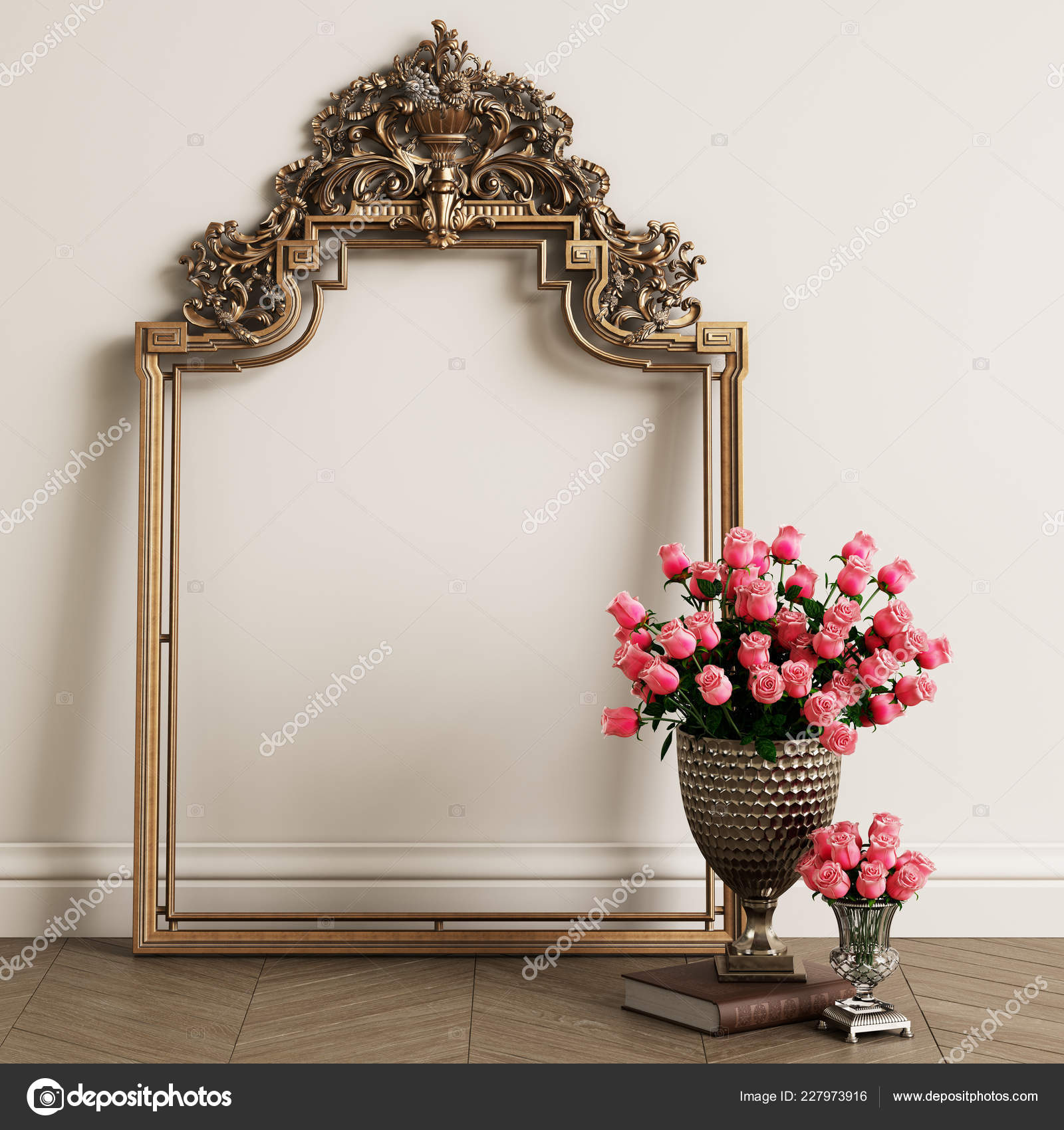 Classic Carved Mirror Frame Copy Space Big Vase Pink Roses Stock Photo Image By C Remuhin 227973916