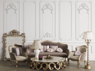 Klasik mobilya klasik iç kopya alanı ile. Kanepe, sandalye, zemin lamba, dekor, oymalı ayna ile tablo. Duvarları yaldızlı kalıplar ile. Dijital Illustration.3d işleme