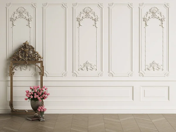 Klasické Zrcadlo Vyřezávaný Rám Klasickém Interiéru Kopie Prostoru Velká Váza — Stock fotografie
