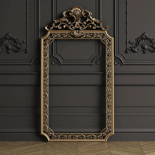 Classic carved gilded mirror frame mockup with copy space. Black walls with ornated mouldings. Floor parquet herringbone.Digital Illustration.3d rendering