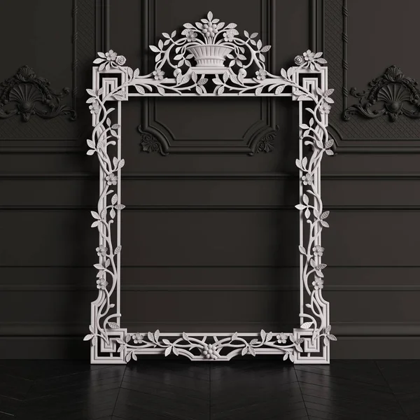 Classic carved mirror frame in white color mockup with copy space. Black walls with ornated mouldings. Floor parquet herringbone painted black.Digital Illustration.3d rendering