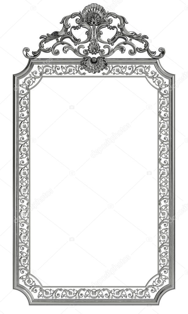 Classic metall frame with ornament decor isolated on white background. Digital illustration. 3d rendering