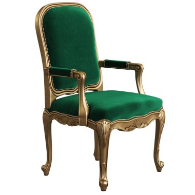 Yeşil kadife klasik koltuk ben oyulmuş detayları ile beyaz arka plan üzerinde izole. Dijital illustration.3d işleme