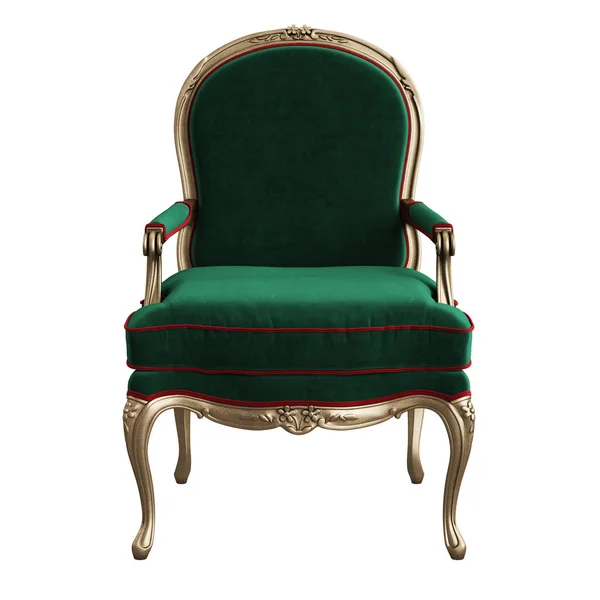 经典扶手椅在绿色天鹅绒 与雕刻细节查出在白色背景 数字插图 — 图库照片