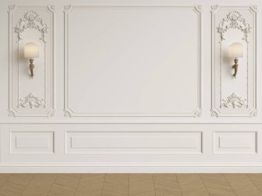 Küflü klasik iç duvar. Zemin parke herringa kemiği. Dijital çizim 3D.