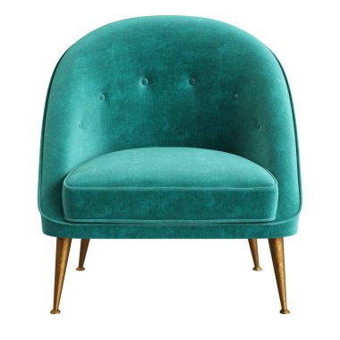 Classic armchair art deco style in turquoise velvet with brass legs  isolated on white background.Digital illustration.3d rendering