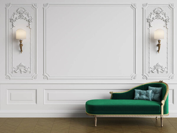 Классический шезлонг в классическом интерьере с пространством для копирования. Напольный паркет herringbone.Digital Illustration.3d rendering
