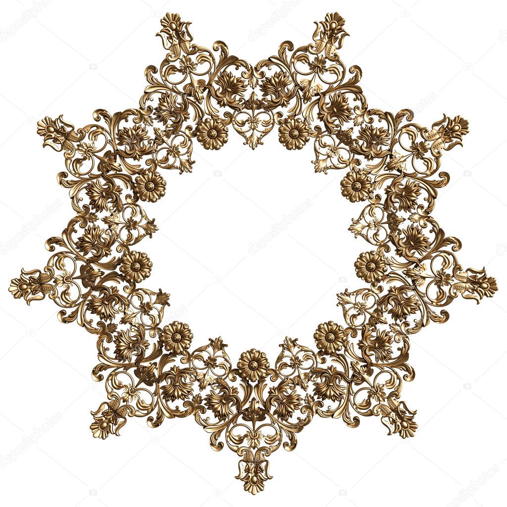 Classic golden round frame with ornament decor isolated on white background. Digital illustration. 3d rendering