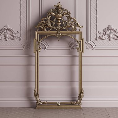 Klasik yaldızlı Ayna Çerçeve mockup kopya alanı ile oyulmuş. Pastel pembe renkli duvarlar ornated kalıplar ile. Zemin parke balıksırtı. Dijital Illustration.3d işleme