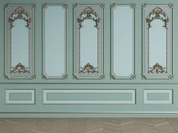 Clásico Interior Pared Color Oliva Con Molduras Plateadas Suelo Parquet —  Fotos de Stock