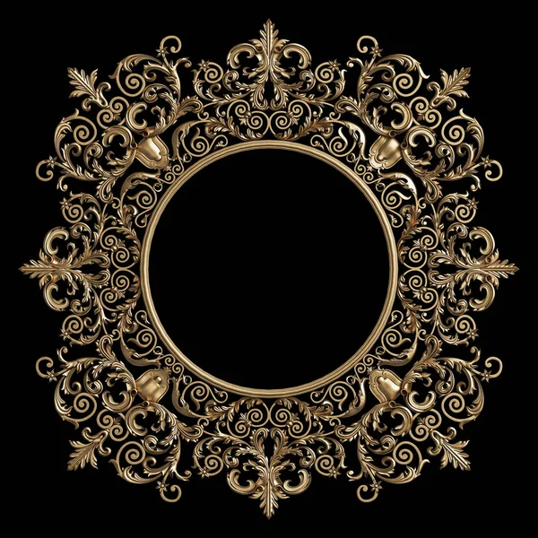 黒い背景に分離された飾り装飾が施されたクラシック黄金ラウンド フレーム デジタル イラストです レンダリング — ストック写真