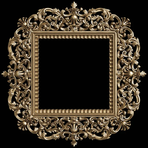 Classic golden square frame with ornament decor isolated on black background. Digital illustration. 3d rendering