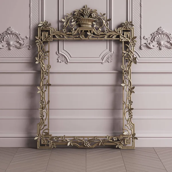 Klassieke Gesneden Vergulde Spiegel Frame Mockup Met Kopie Ruimte Pastel — Stockfoto