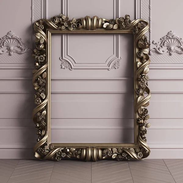 Classic carved gilded mirror frame mockup with copy space.Pastel pink color walls with ornated mouldings. Floor parquet herringbone.Digital Illustration.3d rendering