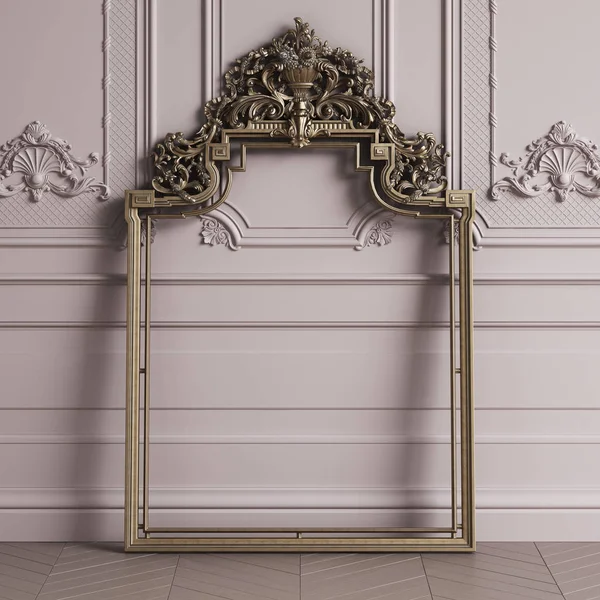 Classic carved gilded mirror frame mockup with copy space.Pastel pink color walls with ornated mouldings. Floor parquet herringbone.Digital Illustration.3d rendering