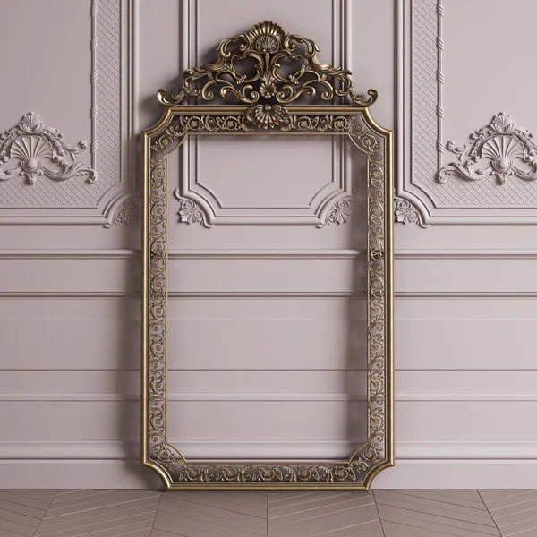 Clássico Esculpido Espelho Dourado Quadro Mockup Com Cópia Espaço Pastel — Fotografia de Stock