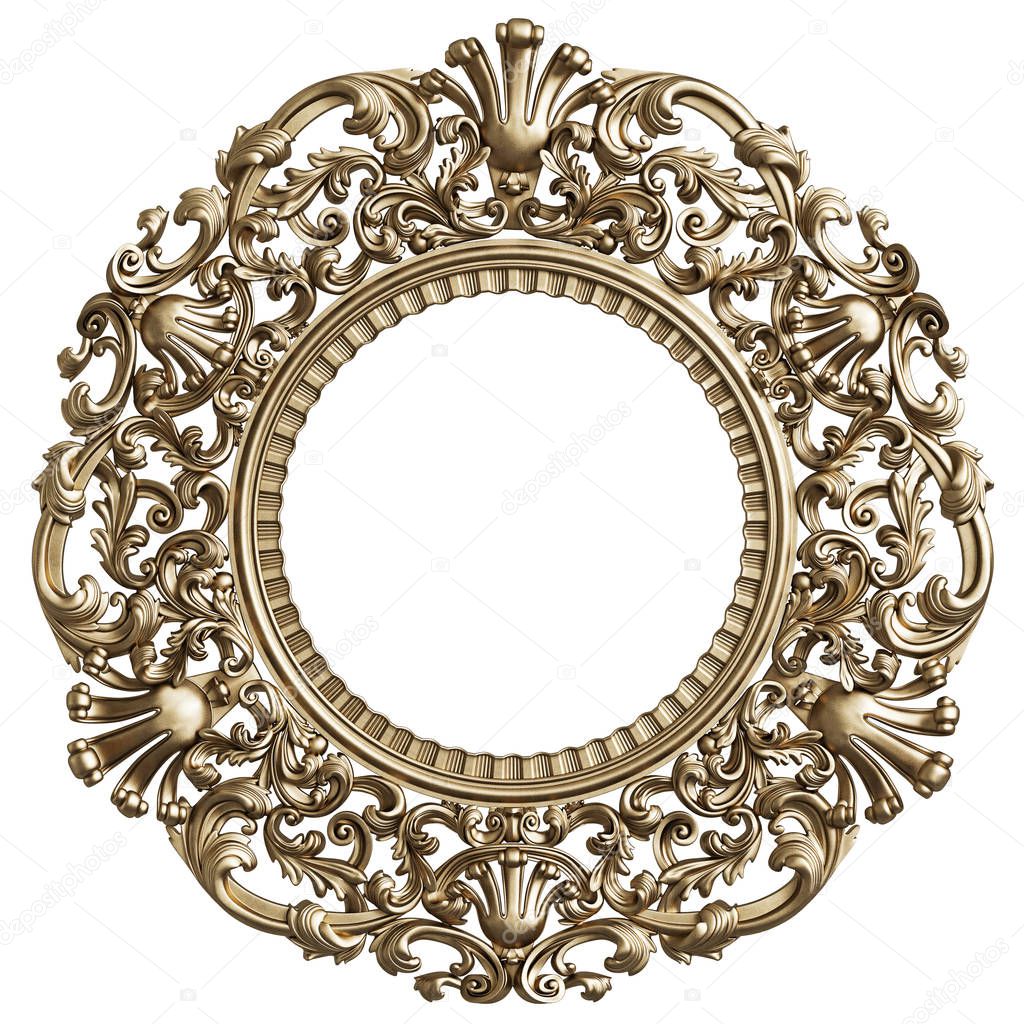 Classic golden round frame with ornament decor isolated on white background. Digital illustration. 3d rendering