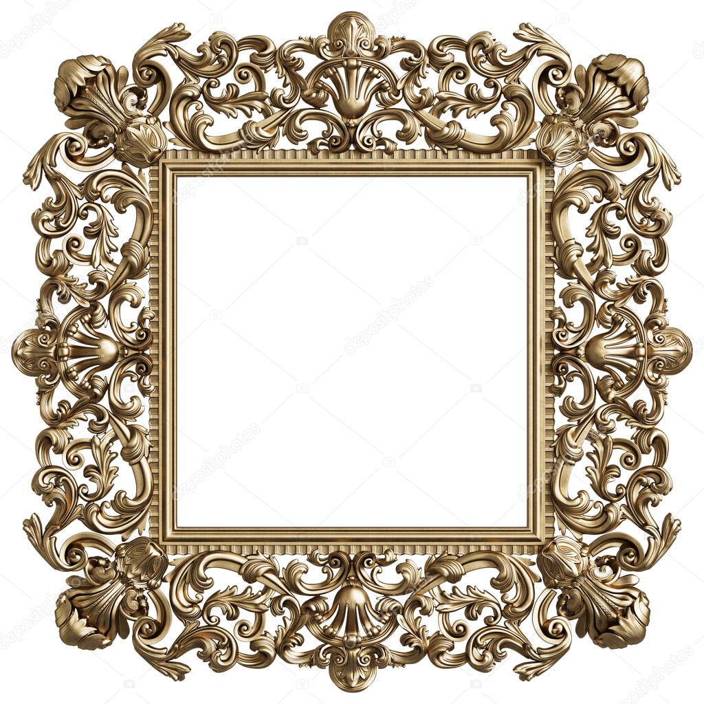 Classic golden square frame with ornament decor isolated on white background. Digital illustration. 3d rendering