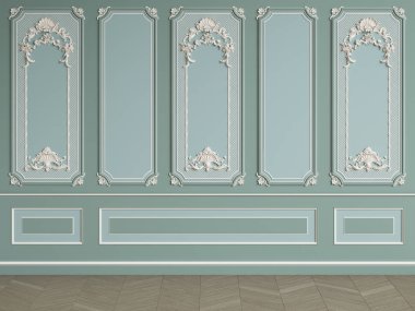 Kalıplar ile klasik iç zeytin rengi duvar. Zemin parke balıksırtı. Dijital illustration.3d işleme