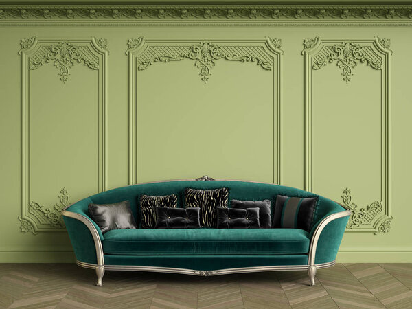 Classic sofa in classic interior with copy space. Green Gamma
