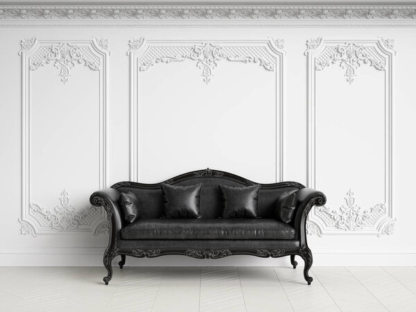 Classic sofa in classic interior with copy space. Black and Whit