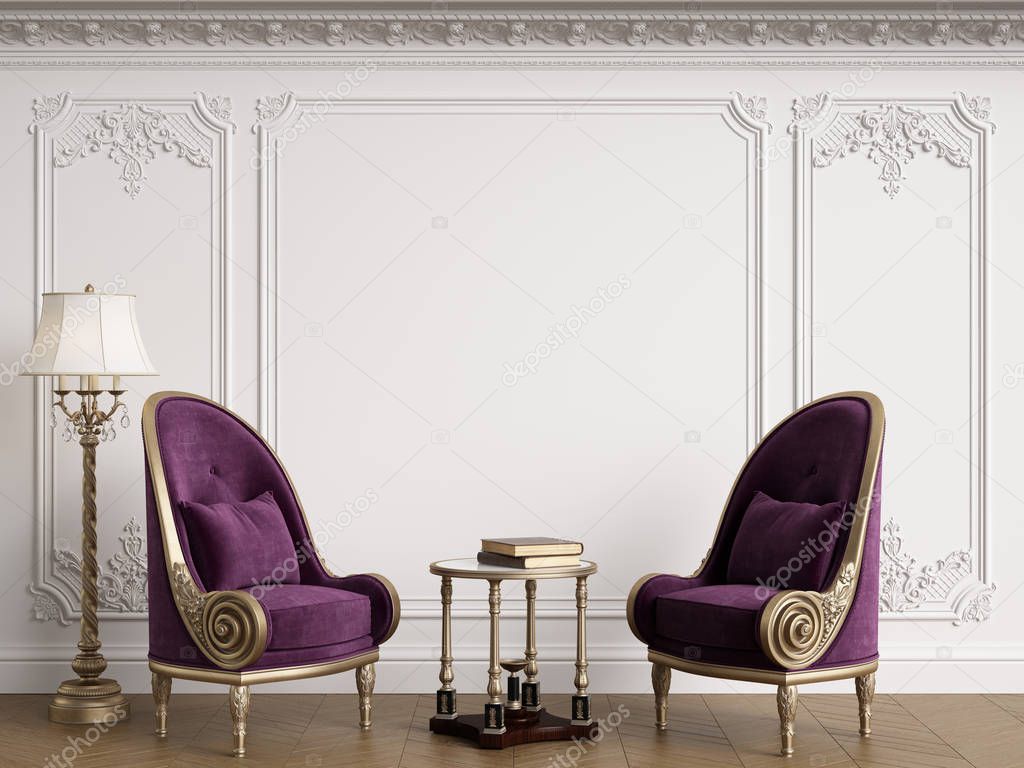 Classic armchairs in classic interior with copy space