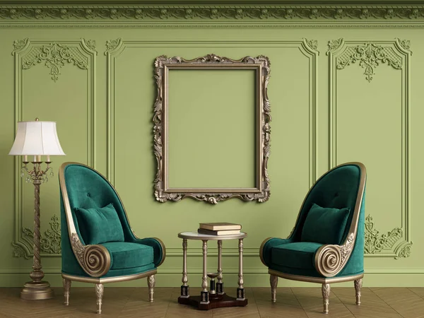 Classic armchairs in classic interior with empty classic frame o