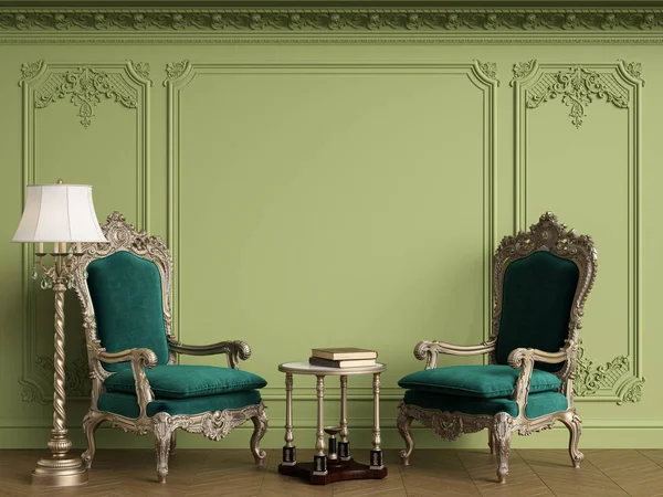 Classic armchairs in classic interior with empty classic frame o