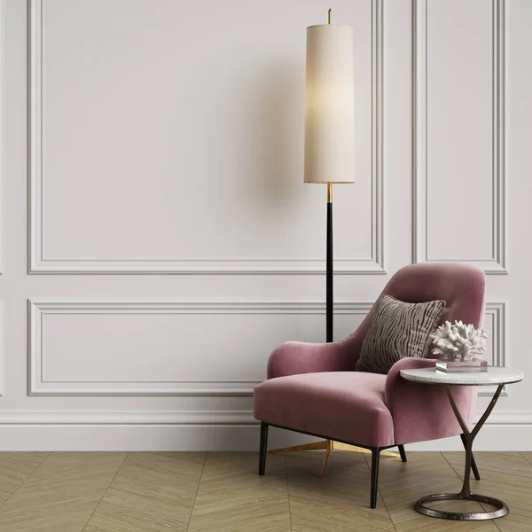 Wnętrze cassic z różowym fotelem i lampką podłogową — Zdjęcie stockowe