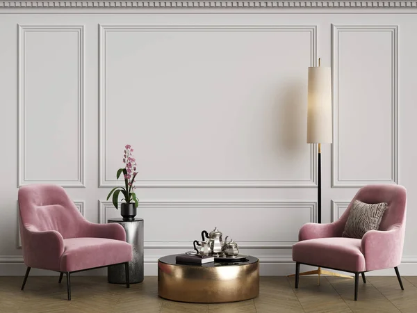 Cassic interior with pink armchair and floor lamp — Stock Photo, Image