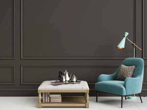 Cassic Interieur mit blauem Sessel und Stehlampe — Stockfoto