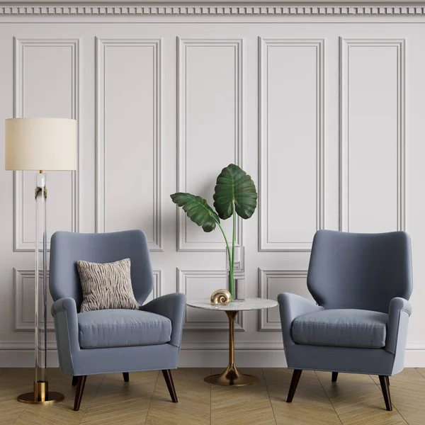 Intérieur Cassique avec fauteuil bleu et lampadaire — Photo