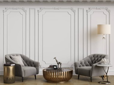 Gri koltuklar ve zemin lambası ile klasik iç