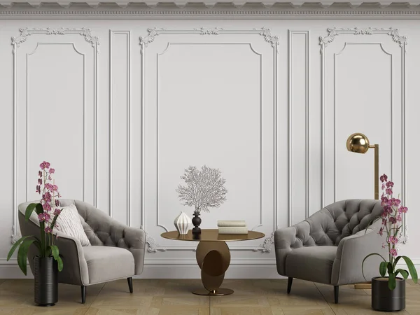 Klasszikus belső tér szürke fotelekkel és állólámpával — Stock Fotó