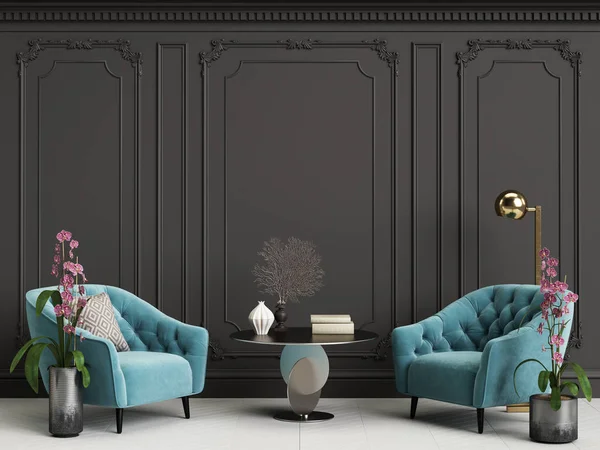 Klassisches Interieur mit blauen Sesseln und Stehlampe — Stockfoto