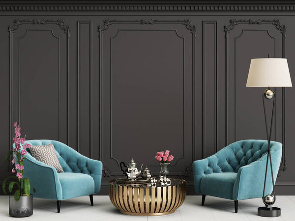 Classic interior with blue armchairs and floor lamp