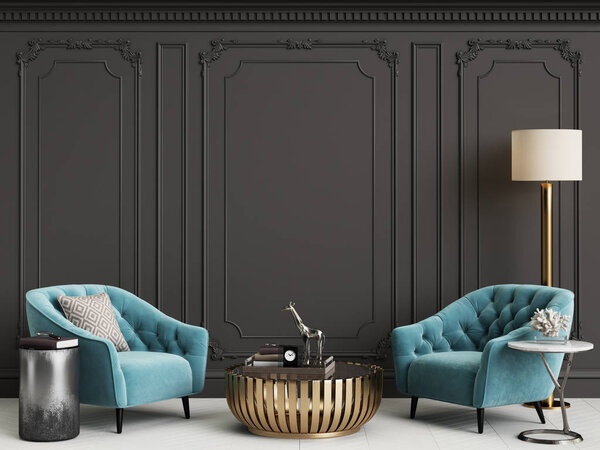Classic interior with blue armchairs and floor lamp