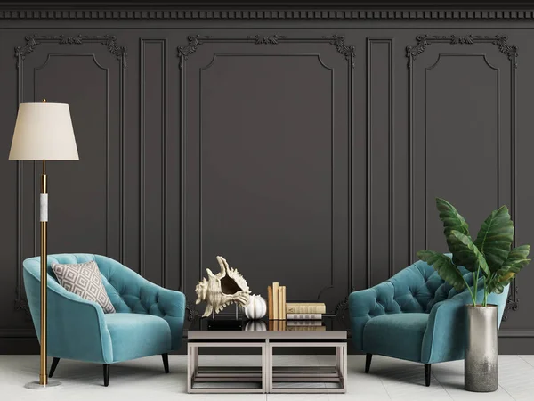 Klasický interiér s modrými křesly a podlahovou svítilnou — Stock fotografie